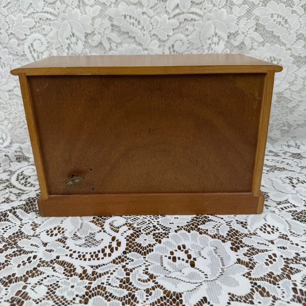 Vintage Wood Miniature Dresser Jewelry Music Box 4 Drawer Red Velvet Lining MCM